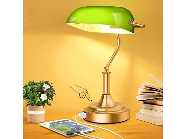 Bankers Lamp with 2 USB Ports, Touch Control Green Glass Desk Lamp with Brass Base, 3-Way Dimmable Vintage Desk Lamp for Home Office Workplace.