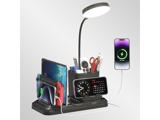 KDD Desk Lamp with USB A & C Charger Ports Reading Desktop Light, Pen & Phone Holder, Adjustable Brightness Lights with Device Slots, 360° Gooseneck