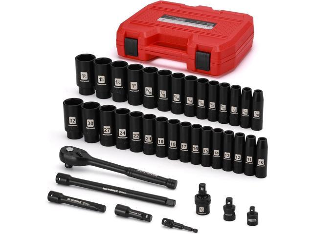 MIXPOWER 38-Piece 1/2-Inch Drive Deep Impact Socket Master Set with 10-inch Quick-release Ratchet Handle & Accessories, 3/8' - 1-1/4', 10-32MM,.