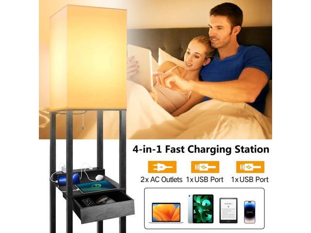 Shelf Floor Lamps for Living Room,Tall Standing Lamp with Shelves and Drawer,2 USB Charging Ports & 2 Power Outlet,Bright 3CCT LED Bulb Included -...