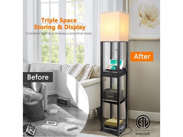 Shelf Floor Lamps for Living Room,Tall Standing Lamp with Shelves and Drawer,2 USB Charging Ports & 2 Power Outlet,Bright 3CCT LED Bulb Included -...