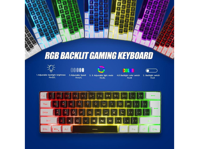 abucow Gaming Keyboard Minimalist Portable Wired Ultra-Compact Mini Imitation 61 Keys RGB Backlit Keyboard (Black-White)