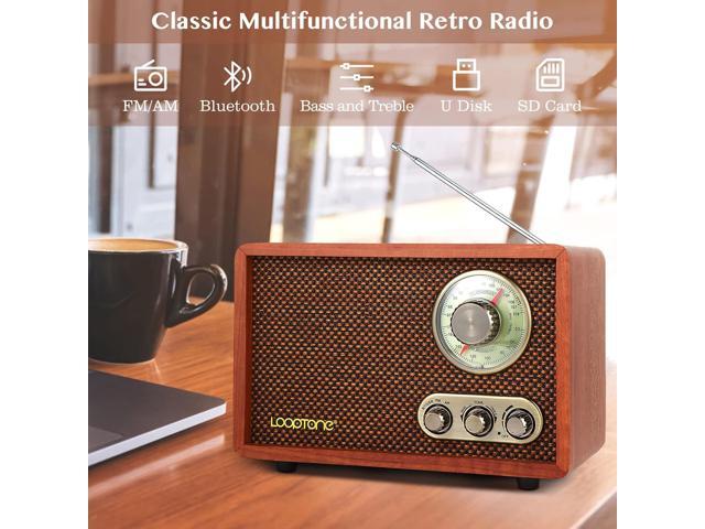LoopTone USB SD Multifunction AM FM Vintage Radio with Bluetooth Speaker,Retro Wood Table Radio for Kitchen Living Room with Rotary Knob
