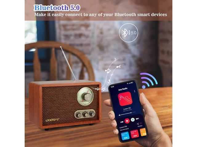 LoopTone USB SD Multifunction AM FM Vintage Radio with Bluetooth Speaker,Retro Wood Table Radio for Kitchen Living Room with Rotary Knob