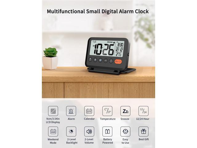 Digital Travel Alarm Clock, Black, 3.54 inch LCD Display, 9-Minute Snooze, 2 Volume Levels, Backlight, Battery Included