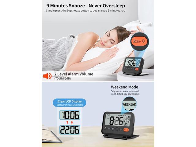Digital Travel Alarm Clock, Black, 3.54 inch LCD Display, 9-Minute Snooze, 2 Volume Levels, Backlight, Battery Included