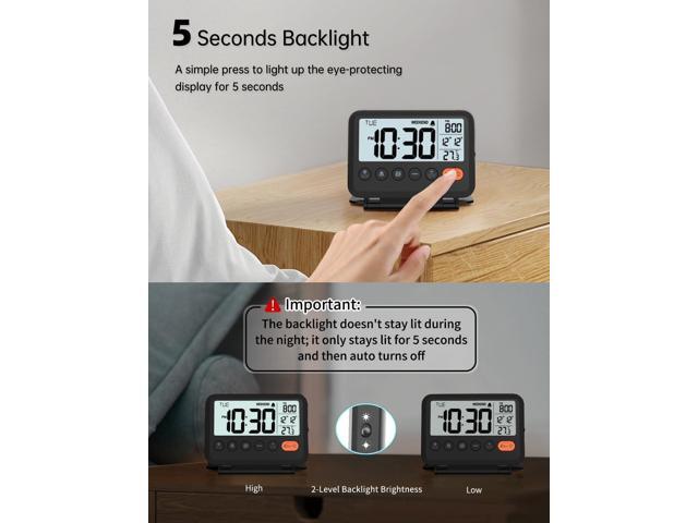 Digital Travel Alarm Clock, Black, 3.54 inch LCD Display, 9-Minute Snooze, 2 Volume Levels, Backlight, Battery Included