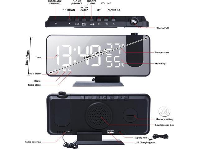 Projection Alarm Clock for Bedrooms Ceiling, Digital Clock Radio with USB Charger Port, Temperature & Humidity Display, 7.3 Large LED...