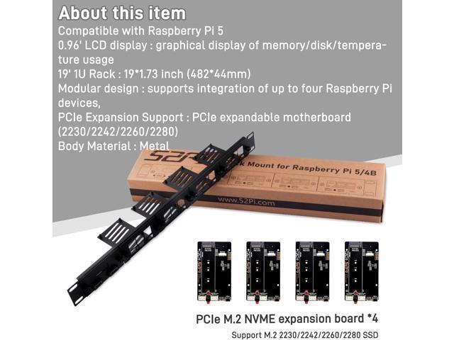 GeeekPi 19 inch 1U Rack Mount for Raspberry Pi 5, with 4PCS PCIe to M.2 NVMe SSD Adapters and OLED Display, Compatible with 19 Inch Server Rack