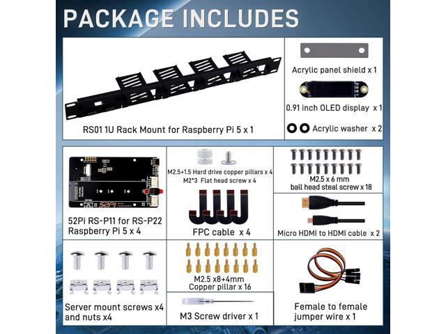 GeeekPi 19 inch 1U Rack Mount for Raspberry Pi 5, with 4PCS PCIe to M.2 NVMe SSD Adapters and OLED Display, Compatible with 19 Inch Server Rack