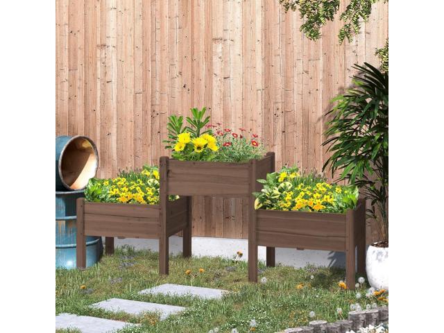 Outsunny Raised Garden Bed with 3 Planter Box, Elevated Wooden Plant Stand with Drainage Holes, for Vegetables, Herb and Flowers, Coffee