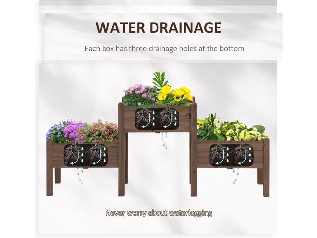 Outsunny Raised Garden Bed with 3 Planter Box, Elevated Wooden Plant Stand with Drainage Holes, for Vegetables, Herb and Flowers, Coffee