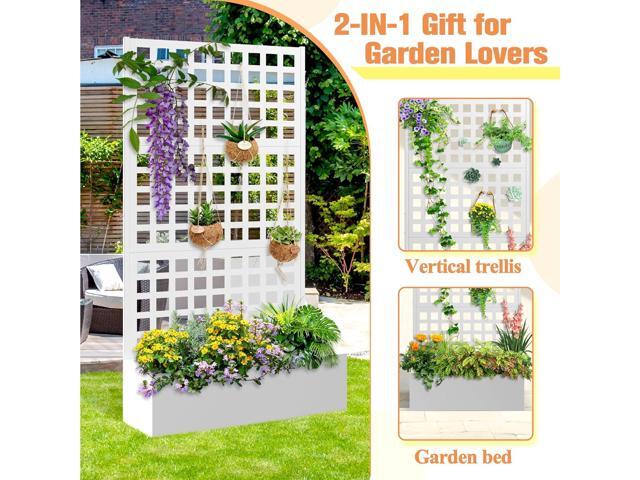 Metal Planter Box with Trellis & Wheels, Raised Garden Bed with Privacy Screen, Outdoor Standing Flower Beds with Drainage Hole for Climbing...