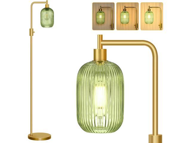 Upgraded Dimmable Glass Floor Lamp for Living Room, Modern Gold Standing Lamp with Green Ribbed Glass Lampshade & Knob Dimmer, Arc Tall Lamp for...