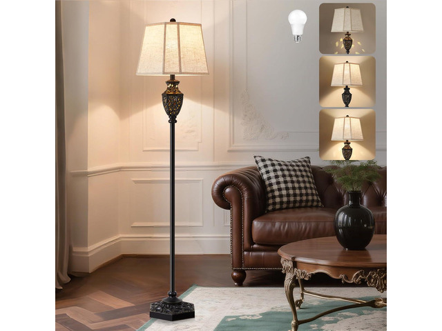 Luvkczc Vintage Black Floor Lamp - Hand-Painted Gold Resin with 6-Sided Carved Hollow Nightlight, Traditional Standing Lamp for Living Room,...