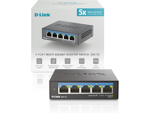 D-Link 5-Port 2.5G Unmanaged Ethernet Switch for Office, Media or Gaming (DMS-105) Multi-Gig Fanless Sturdy Metal, Desktop/Wall, LED Speed...