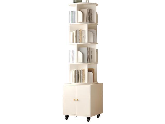 White 5-Tier Rotating Bookshelf, 360° Spinning Corner Bookcase with Drawer, Floor Standing Storage Organizer for Small Spaces