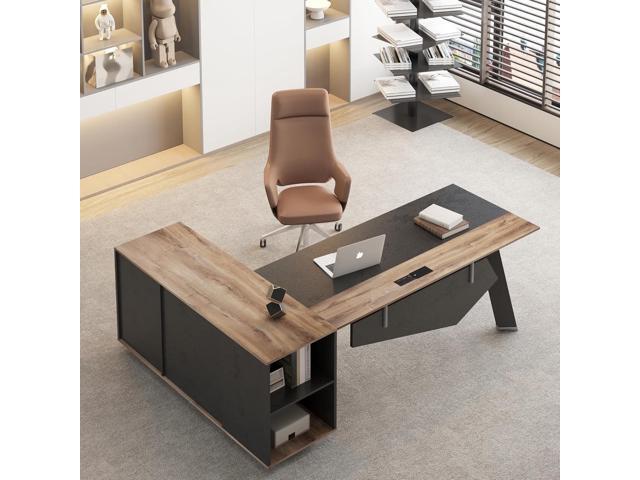 63' Dark Mahogany L-Shaped Executive Desk with Cabinet Storage Shelves