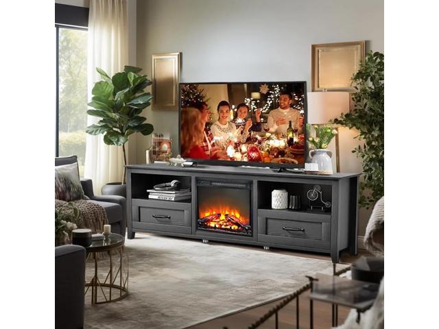 70' Black TV Stand Entertainment Center with 18' Electric Fireplace