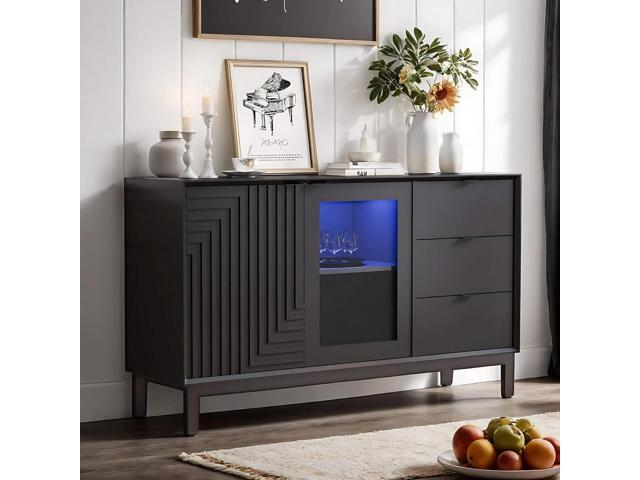 54.3in Black Solid Wood Dining Cabinet Buffet Cabinet with 3 Drawers Storage& Z-Shaped Door