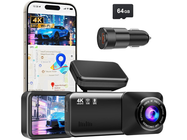 4K Dash Cam Front, Built-in 5.8G WiFi, Free 64GB Card & 48W A+C Car Charger Included, Dash Camera for Cars, Mini Dashcam with Super Night Vision,...