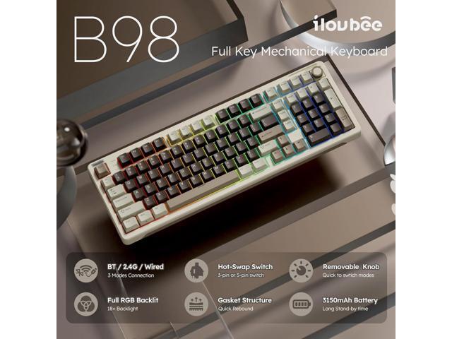 iLovBee B98 Creamy Keyboard with Number Pad, RGB Wireless Gaming Keyboard w/Knob, Bluetooth/2.4Ghz/USB Wired Full Size Mechanical Keyboards for...