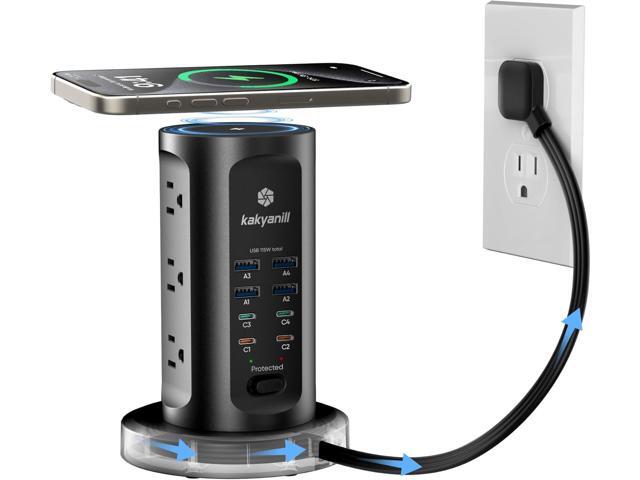 115W USB Charging Station, Surge Protector Power Strip Tower, 9 AC Outlets with 8 USB Ports(4 USB-C), 6Ft Flat Plug Retractable Extension Cord, for...