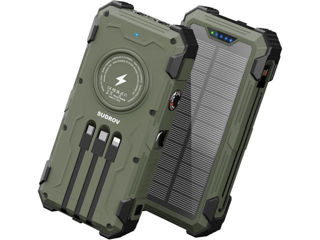 Solar Power Bank 42,800mAh, 15W Wireless Portable Charger with Built-in Cables, Outdoor Solar Battery Pack with LED Flashlight, Fast Charging for...