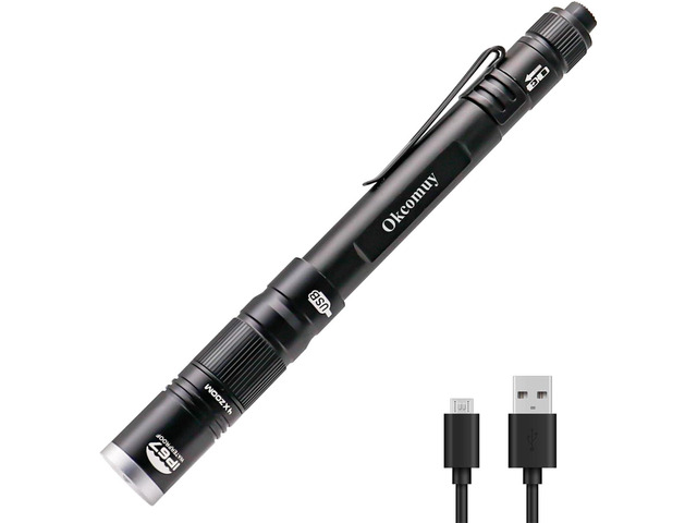 okcomuy Rechargeable LED Pen Light Flashlight,300 Lumens IP67 Waterproof with Pocket Clip 4-Zoomable 3 Modes, Prefect Pocket Small Flashlight for...