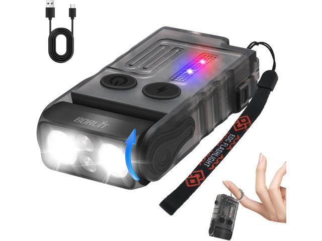 BORUIT V20 Small Powerful Rechargeable EDC Flashlight, Portable Flat Mini Flashlights with Clip, 180°Head Swivels 110dB Buzzer, IP67 13 Modes.