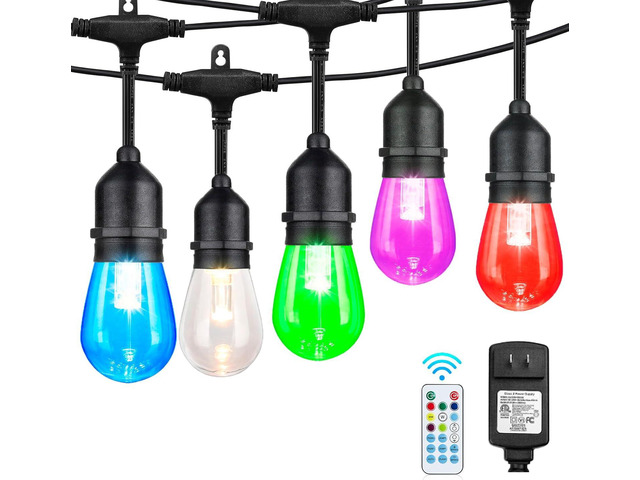 48FT RGB Outdoor String Lights, 15 Shatterproof Edison LED Bulbs, Waterproof Color Changing Patio Lights with Remote. Dimmable Decorative Lighting...