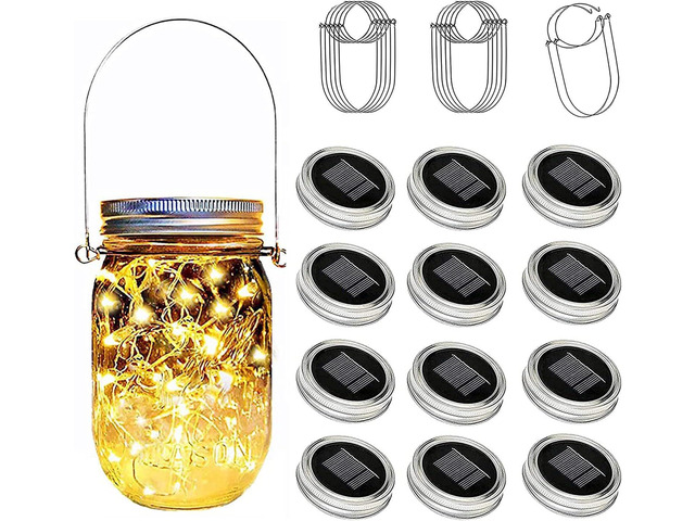 Ostritec Solar Mason Jar Lights Lids, 12 Pack 30 Led Fairy Lights(Jars Not Included), Outdoor Hanging Mason Jar Solar Lights, Fairy in a Jar...