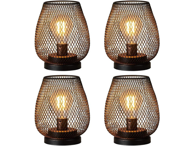Set of 4 Battery Operated Lamp LED Table Lantern, Brown Metal Cage Cordless Lamps with LED BulbVintage Decorative Outdoor Lantern for Weddings,...