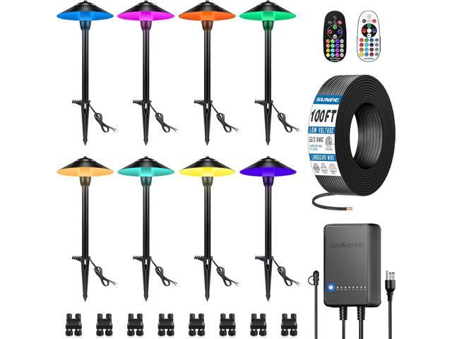 SUNVIE All-in-One RGBW Landscape Lighting Kit, 8 Pack Color Changing Low Voltage Landscape Lights with Connector Transformer 100FT Wire, 3W.