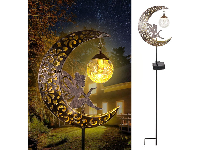 Solar Garden Lights Outdoor Decor,Moon Fairy Crackle Glass Lights,Waterproof Warm White LED Metal Stake Ornament,for Walkway Backyard Patio Lawn...