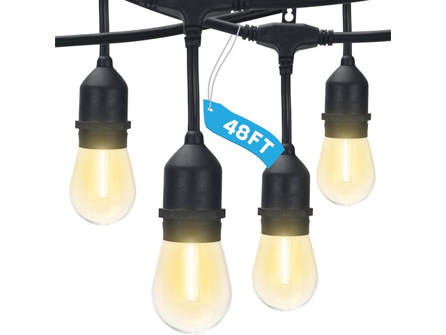 LUXRITE 48FT LED Outdoor String Lights Commercial Grade Waterproof, 24 Edison S14 Shatterproof Bulbs, Hanging Lights for Patio, IP65, Decorative...