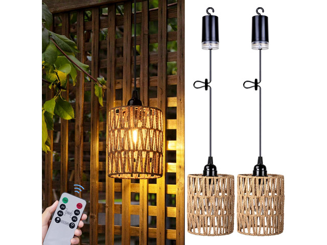 Battery Operated Chandelier, Battery Hanging Pendant Light, Rattan Lights with Warm White Bulb, 4*AA Battery Powered, for Gazebo Pergola Porch...