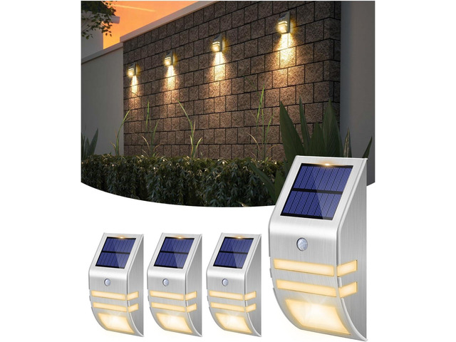 4 Pack Solar Stainless Steel Fence Lights Outdoor Waterproof Motion Sensor Wall Sconce for Backyard Post, Deck, Porch, Stair Rail, Dock, Gate,...