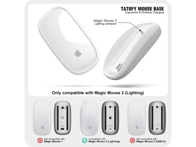 TATOFY Mouse Charger Compatible with Magic Mouse 2 (Lighting) Grip with Wireless Charging Support, Ergonomic Base (White)