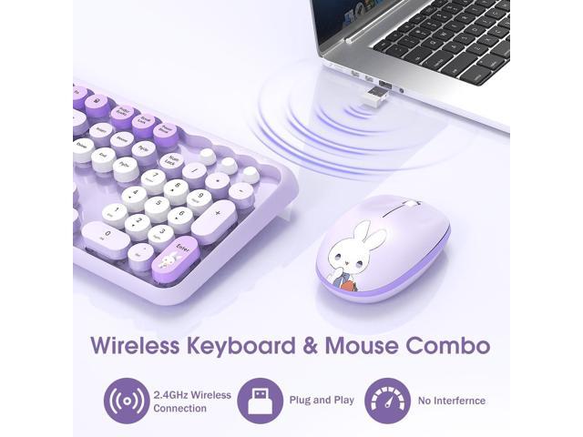 Wireless Keyboard and Mouse Combo, 2.4GHz Retro Full-Sized Keyboard and Wireless Quiet Mouse for Office PC Desktops Laptops Computer, Cute Bunny...