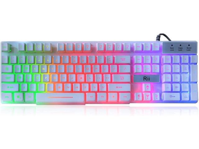 Rii RK100+ White Gaming Keyboard,USB Wired Multiple Colors Rainbow LED Backlit Large Size Mechanical Feeling Ultra-Slim Multimedia Office Keyboard.