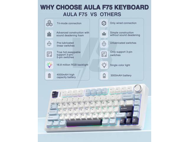 AULA F75 75% Wireless Mechanical Keyboard, Hot Swappable Creamy Keyboard, Pre-lubed Reaper Switches, 2.4GHz/Type-C/BT5.0, RGB Backlit Gaming...