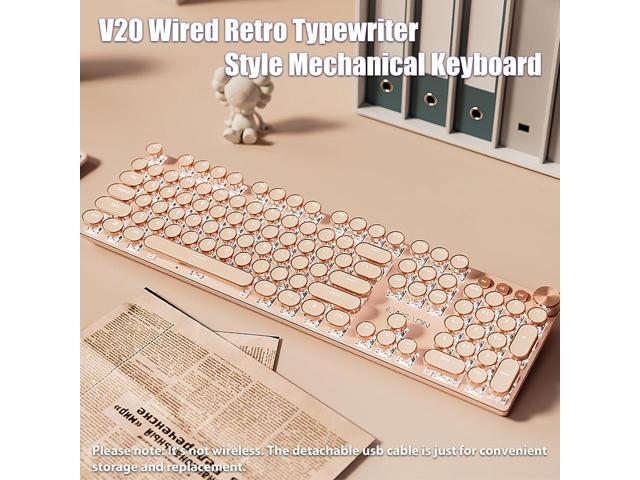 Typewriter Style Mechanical Gaming Keyboard White LED Backlit 104-Key NKRO Pink Switches Retro Round Keycaps Golden Ring Volume Knob Metal Panel...