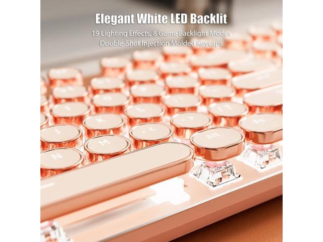Typewriter Style Mechanical Gaming Keyboard White LED Backlit 104-Key NKRO Pink Switches Retro Round Keycaps Golden Ring Volume Knob Metal Panel...