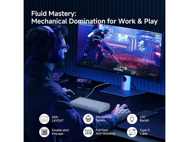 TMKB 60% Mechanical Gaming Keyboard, Red Linear Switch, LED Backlight, Anti-Ghosting, Detachable USB-C, Double-Shot Keycaps, 61 Keys, Wired, White
