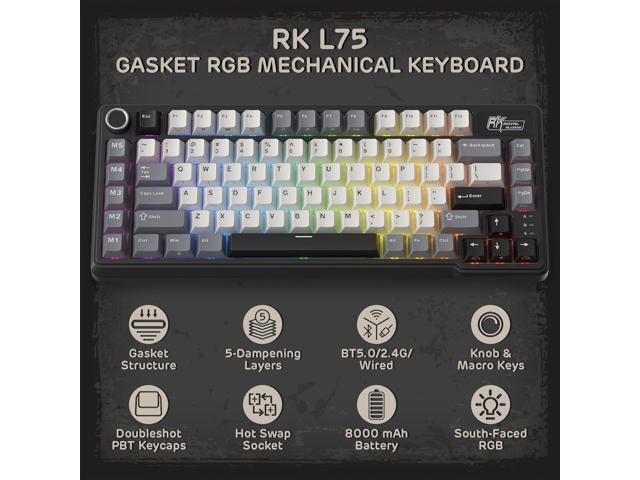 RK ROYAL KLUDGE L75 Gasket Mount Mechanical Keyboard w/Knob/Macro Keys & Touchable Nameplate, Tri-Mode 75% TKL Wireless Keyboard BT/2.4G/USB-C, Hot...