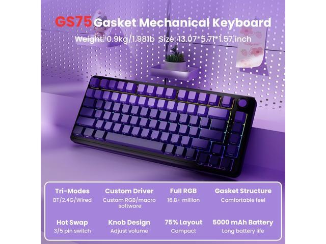 EWEADN GS75 Wireless Mechanical Keyboard ASMR, 75% Gaming Keyboard Gasket Hot Swappable Custom Keyboards with RGB, Knob, PBT Keycaps...