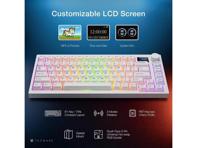 TECWARE Spectre 75% RGB Mechanical Gaming Keyboard with Customizable LCD Screen, Multi-Function Knob, Gasket Mount, South Face 5-Pin Universal...