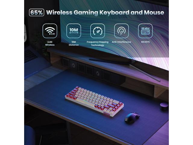 65% Wireless Gaming Keyboard: LED Backlit, 68 Keys, Ultra-Compact, Anti-ghosting, No-Conflict Wireless Keyboard for PC Laptop Windows Gamer(White-Red)