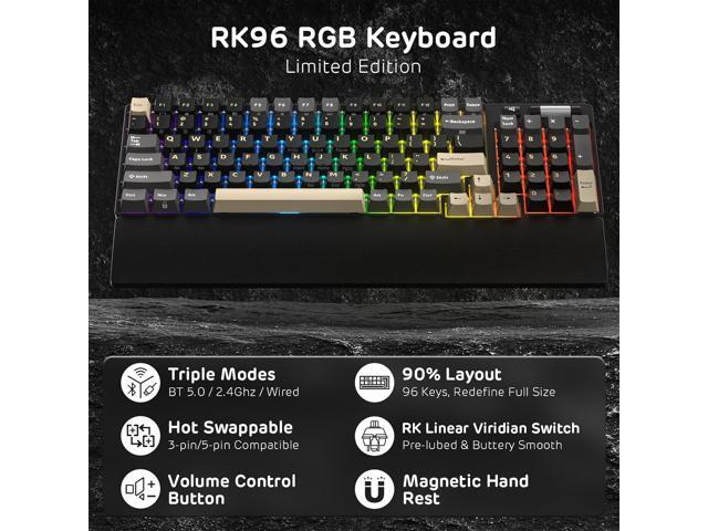 RK ROYAL KLUDGE RK96 RGB Limited Ed, 90% 96 Keys Wireless 3-Mode BT5.0/2.4G/USB-C Hot Swappable Mechanical Keyboard w/Wrist Rest, Volume Control,...